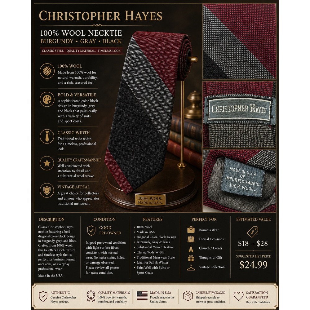 Christopher Hayes Men's 100% Wool Necktie Burgundy Gray Wide Stripe Vintage USA